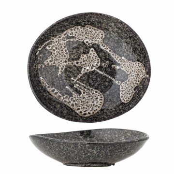 Bol de servire din ceramică, gri, formă rotunda cu margine ondulata, glazură reactivă, 8 x 24 cm, „Sway”