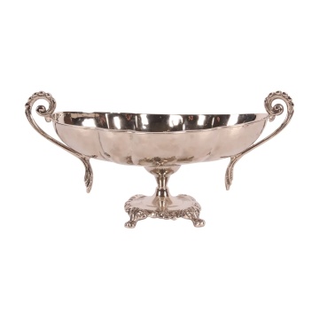 Bol de servire oval din alamă lucrată manual, argintiu, pe picior, cu două mânere, fructieră și centru de masă, 15 x 34 x 16 cm, „Sheffield”
