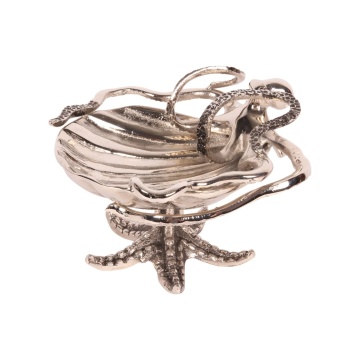 Bol decorativ din aluminiu reciclat, argintiu, în formă de scoică, cu caracatiță și picior în formă de stea de mare, decor marin, finisaj lucios, 14 x 22 x 12 cm, „Corail”