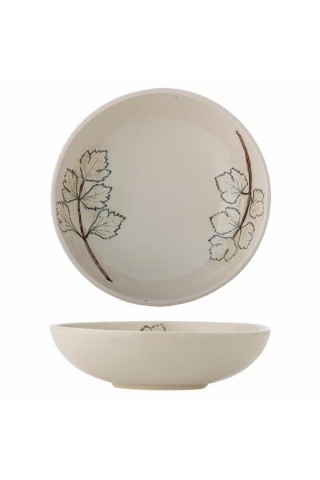 Bol din ceramică artizanală natur cu finisaj antichizat și motive botanice cu frunze, 26×7 cm, "Aubrin"
