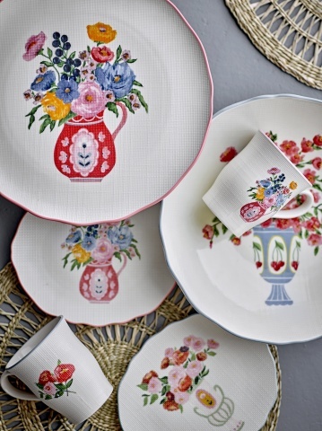 Bol din ceramică cu motive florale și margine ondulată albastră pictată manual, 28×6,5 cm, „Dorothy" - Img 5
