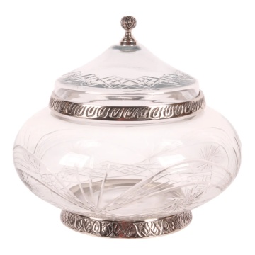 Bombonieră din sticlă gravată și aluminiu, argintie, cu capac, aspect vintage, finisaj antichizat, 21 x 26 cm, „Bonbonnière”