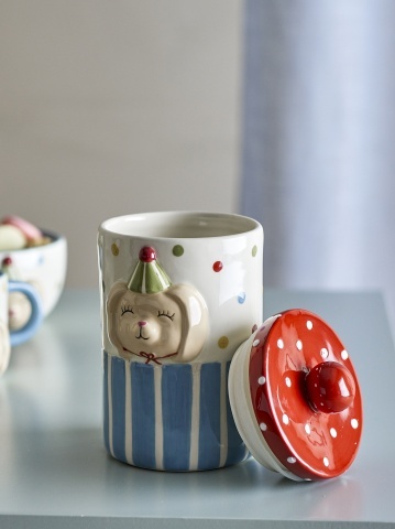 Borcan cu capac din ceramică artizanală, multicolor, pictat manual cu iepuraș, 10,5x17,5 cm, 720 ml, „Party" - Img 3
