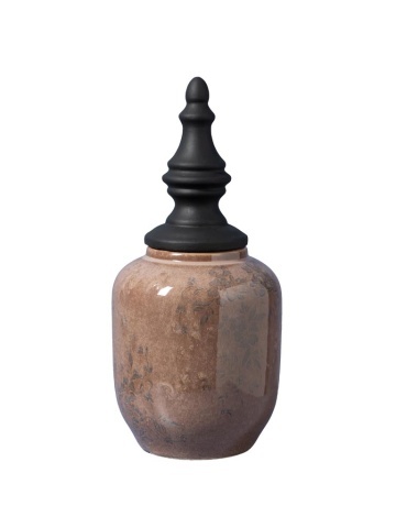 Borcan decorativ din ceramică artizanală roz cu capac negru sculptat, formă ovală, finisaj lucios, 38,5×13 cm, „Rosaire"