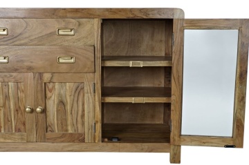 Bufet din lemn de acacia în stil campaign, natur, cu 2 uși vitrate, 2 uși cu panouri, 2 sertare și mânere încastrate, lungime 150 cm, „Amara” - Img 5