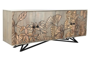 Bufet gri din lemn de mango, cu 4 uși cu decor floral sculptat în ton natur și bază din metal negru, 74 x 177 x 45 cm, „Kandy”