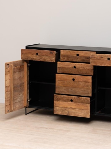 Bufet rustic din lemn de pin, natur și negru, cu 2 uși, 6 sertare și cadru din metal negru, stil industrial, 91 x 146 x 40 cm, „Utah” - Img 4