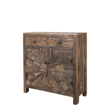 Bufet rustic din lemn vechi reciclat, 2 uși cu decor solar sculptat, 2 sertare, 90 cm, „Grimaud"