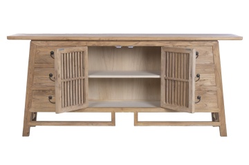 Bufet rustic în stil oriental, din lemn de ulm reciclat, natur, cu 2 uși cu grilaj, 6 sertare și siluetă trapezoidală, 79 x 180 x 42 cm, „Joyeuse” - Img 5