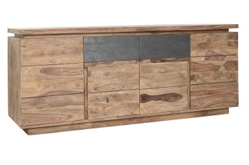Bufet TV în stil alpin, din lemn masiv, natur, cu 4 uși și 2 sertare gri, 72 x 175 x 45 cm, „Candé”