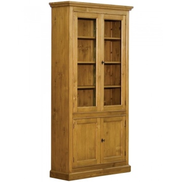 Bufet vitrină rustic din lemn masiv de pin, natur, cu 4 uși, dintre care 2 vitrate, și 3 rafturi, finisaj ceruit, 211 x 108 x 38 cm, „Country” - Img 2