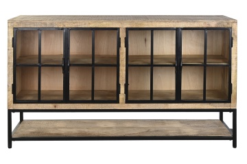 Bufet-vitrină stil industrial din lemn de mango și metal, natur și negru, cu 4 uși vitrate și raft inferior deschis, 100 x 170 x 45 cm, „Arcole”
