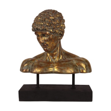 Bust decorativ din polirășină, auriu, tânăr cu păr cârlionțat, pe soclu negru, finisaj antichizat, 53 x 44 x 26 cm, „Apollon”