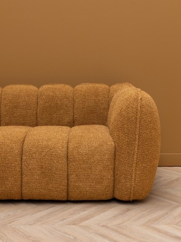 Canapea 3 locuri din catifea muștar, cu textură în relief, picioare din lemn masiv, aspect retro, 69×220×102 cm, „Biskit" - Img 8