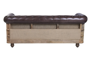 Canapea Chesterfield 2 locuri din piele naturală maro închis, cu cadru din lemn de mango și iută la vedere, pe roți, 80 x 190 x 77 cm, „Cassis” - Img 4