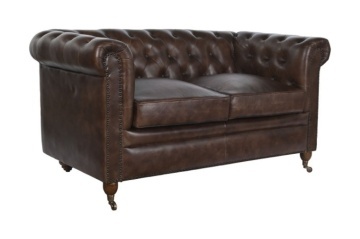Canapea Chesterfield 2 locuri din piele naturală maro închis, cu capitonaj cu nasturi și picioare pe roți, aspect vintage, 77 x 148 x 80 cm, „Mayfair”