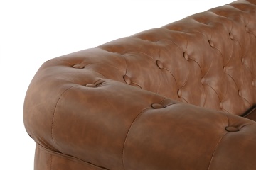 Canapea Chesterfield 3 locuri din piele ecologică maro, cu nasturi pe bază și picioare din lemn masiv, 70 x 218 x 78 cm, „Provence” - Img 3