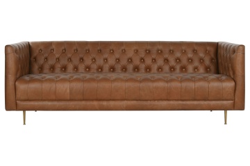 Canapea Chesterfield 3 locuri din piele naturală cognac, cu șezut capitonat și picioare din oțel auriu, aspect vintage, 74 x 209 x 77 cm, „Odette”