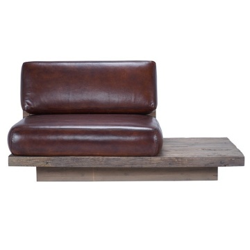 Canapea modulară 1 loc din piele naturală maro, cu platformă din lemn reciclat pe stânga și spătar pe cadru metalic, 82 x 140 x 90 cm, „Oxford” - Img 3