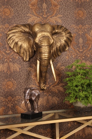 Cap de elefant decorativ de perete din polirășină, auriu, cu fildeși și urechi desfăcute, finisaj antichizat, 61 x 62,5 x 20 cm, „Mysore” - Img 2