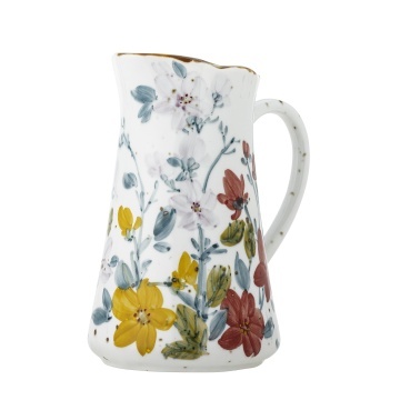 Carafa din ceramică artizanală albă cu motive florale roșii și galbene pictate manual și margine aurie, 13×22,5 cm, "Savina" - Img 3