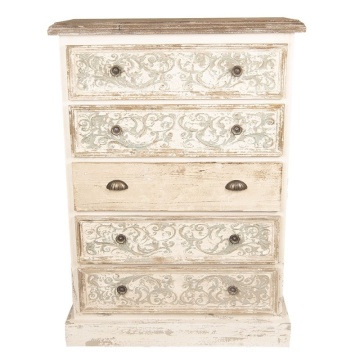 Comodă înaltă vintage, shabby chic, din lemn, alb, cu 5 sertare, blat natur și decor în relief, 120 x 85 x 36 cm, „Benevola”