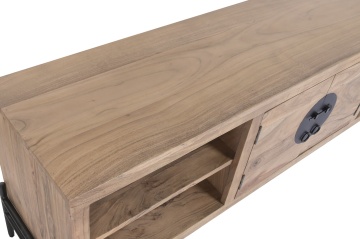 Comodă TV din lemn de acacia și metal, maro, cu 2 uși, 2 nișe cu rafturi, placă rotundă din metal și picioare metalice, 62 x 179,5 x 40 cm, „Orissa” - Img 5