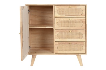 Comodă TV înaltă din lemn de hevea, natur, cu 1 ușă, 4 sertare, 1 raft și inserții din ratan împletit, 78 x 73,5 x 35 cm, „Rustic Charm” - Img 4