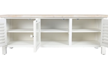 Comodă TV joasă din lemn, alb, cu blat natur, 3 uși, 3 rafturi, lamele tip jaluzea și ușă centrală din sticlă, 45 x 120 x 40 cm, „Pure Living” - Img 4