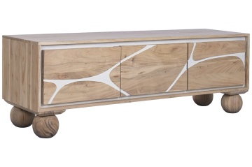 Comodă TV living din lemn de acacia, natur, cu 3 uși, decor alb și picioare sferice, 50 x 145 x 40 cm, „Alvera” - Img 2