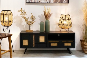 Comodă TV living din lemn de mango, negru, cu 2 uși, 2 sertare, nișă deschisă și inserții din ratan împletit, 60 x 145,5 x 40,5 cm, „Cheverny” - Img 2