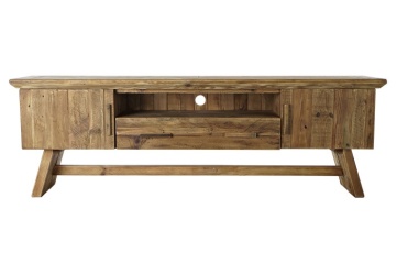 Comodă TV living din lemn reciclat, natur, cu 2 uși, 1 sertar, nișă deschisă și picioare oblice cu traversă, 60 x 180 x 45 cm, „Auburn”
