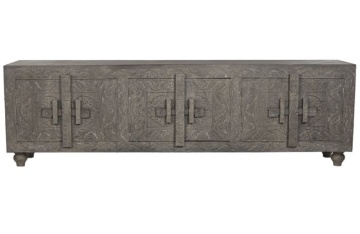 Comodă TV sculptată lungă din lemn masiv, gri, cu 6 uși, 3 rafturi și zăvoare din lemn, finisaj patinat, 61 x 200 x 40 cm, „Arvane”