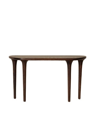 Consolă din lemn de stejar, cu blat semioval și picioare conice, maro antichizat, finisaj satinat, 132×27×75 cm, „Calvin" - Img 1