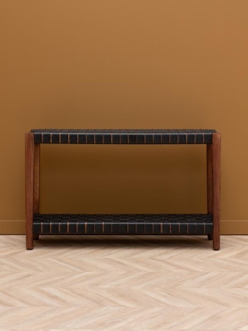 Consolă hol în stil etnic, din lemn de mango, maro, cu blat și raft din piele naturală împletită neagră, 78,5 x 130 x 35 cm, „Klami” - Img 4