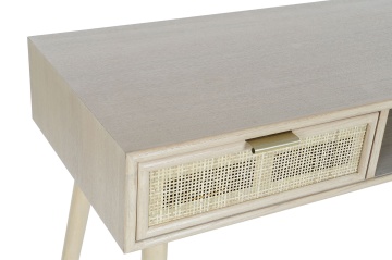 Consolă hol în stil japandi, din lemn de paulownia, natur, cu 2 sertare cu ratan împletit, nișă deschisă și mânere aurii, 78 x 120 x 42,5 cm, „Sully” - Img 3