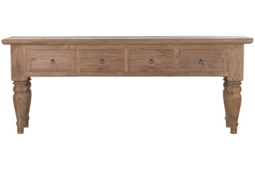 Consolă hol rustică din lemn reciclat, maro, cu 4 sertare, mânere cu inel și picioare balustru cu fațete, 78 x 200 x 45 cm, „Avranches”