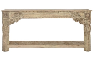 Consolă hol sculptată manual, din lemn masiv de tec, natur, cu raft jos, console cu volute și șir de perle, 85 x 182 x 46 cm, „Parthenon” - Img 2