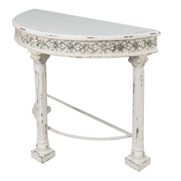 Consolă hol shabby chic din lemn, alb, cu blat semicerc pe coloane canelate și friză florală în relief, 86 x 120 x 49 cm, „Colette” - Img 3