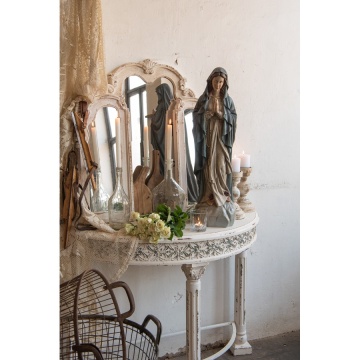 Consolă hol shabby chic din lemn, alb, cu blat semicerc pe coloane canelate și friză florală în relief, 86 x 120 x 49 cm, „Colette” - Img 2