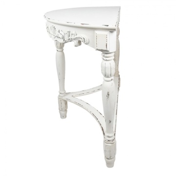 Consolă hol shabby chic din lemn masiv, alb, cu blat semicerc, ornamente sculptate și picioare strunjite, 87 x 106 x 48 cm, „Agatha” - Img 3