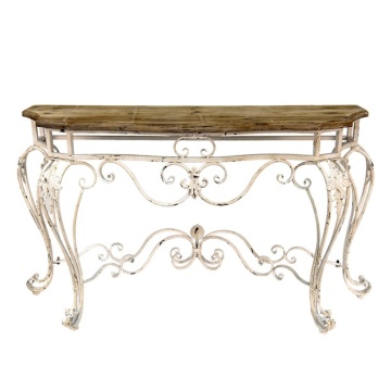 Consolă hol shabby chic din lemn și fier forjat, alb, cu blat natur și picioare curbate cu volute, 77 x 138 x 39 cm, „Clemence”