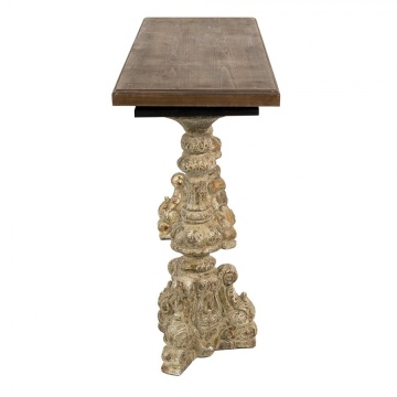 Consolă hol vintage din lemn, natur, cu două picioare-coloană sculptate pe baze cu volute și accente aurii, 77 x 120 x 40 cm, „Roccaire” - Img 3