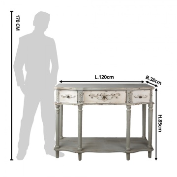Consolă shabby chic din lemn, 3 sertare, finisaj gri antichizat, 120 cm, „Jacinthe" - Img 4