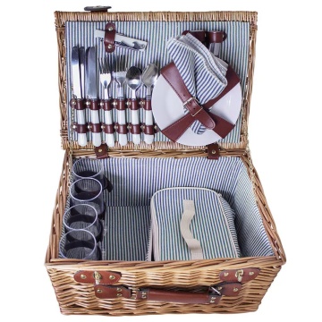 Coș de picnic mare din răchită împletită cu căptușeală în dungi albastre, pentru 4 persoane, „Vendela Large Blue" - Img 2