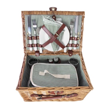Coș de picnic mic din răchită împletită cu căptușeală în dungi verzi, pentru 4 persoane, „Vendela Small Green" - Img 3