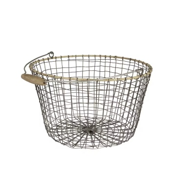 Coș rustic din zinc rotund, mare, mâner din lemn, Ø 40 cm, „Alvar"