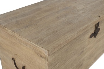 Cufăr mare din lemn masiv de tec, natur, pe roți din lemn, cu feronerie din fier și capac plat, 76 x 136 x 70 cm, „Chestnut” - Img 4