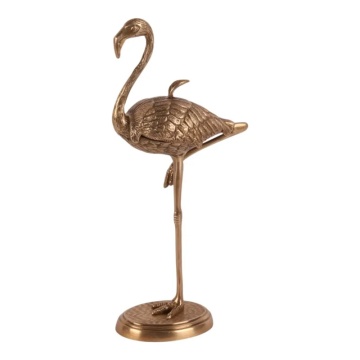 Cutie decorativă din alamă, aurie, în formă de flamingo, cu compartiment secret, finisaj antichizat, 29 x 15 x 7 cm, „Flamenco”