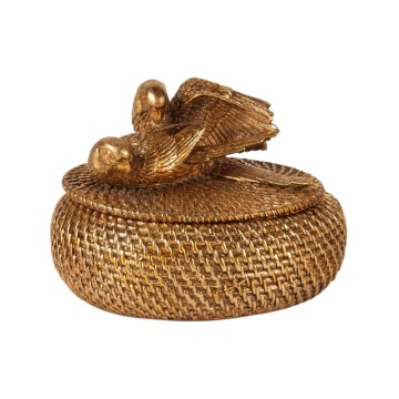 Cutie decorativă din polirășină, auriu, rotundă, cu model împletit și capac cu două păsări, finisaj antichizat, 19 x 15,5 x 14 cm, „Nid”